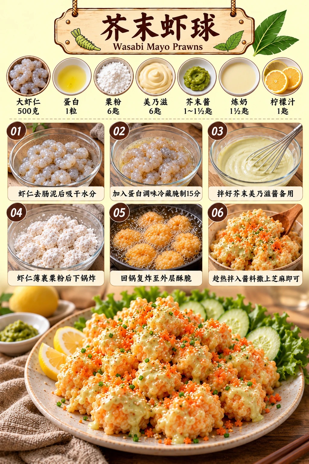 芥末虾球图解：七样主要材料的用量，以及处理虾仁、腌制、调酱、裹粉下锅、回锅复炸、拌酱装盘六个步骤